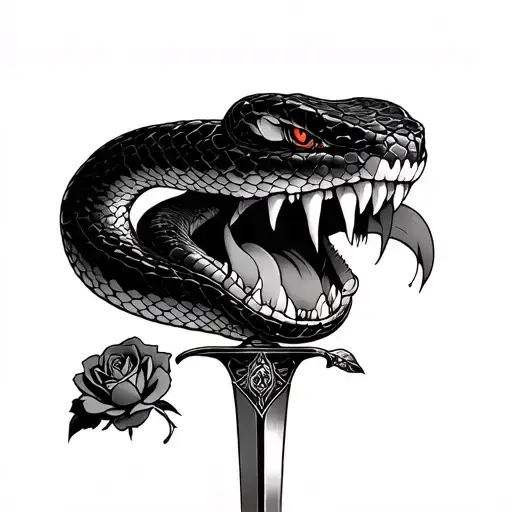 snake with rose coming out of mouth instead of tongue and a dagger going through it  tattoo design idea