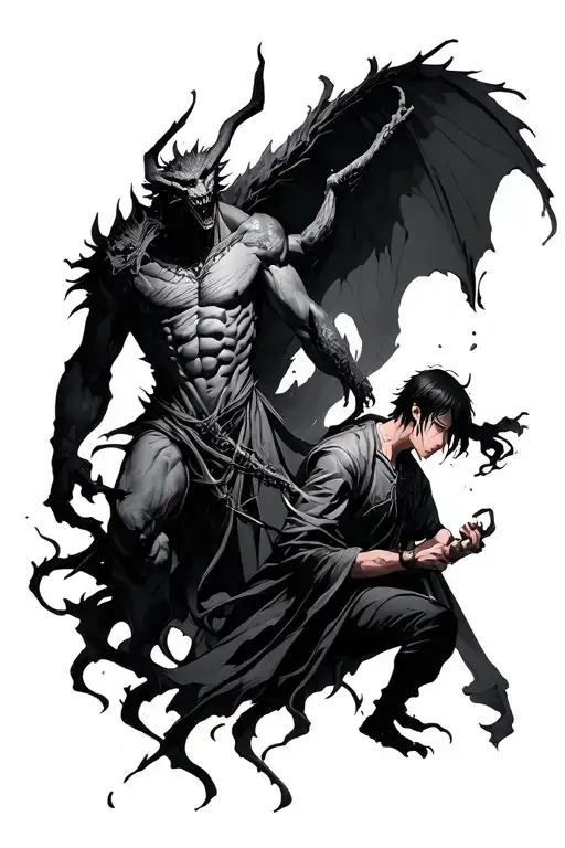 kirito and sung jin woo with solo leveling demonic statue above tattoo design idea