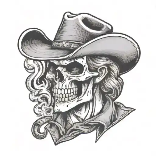 cowboy skull looking down smiling cigar in mouth, smoke coming from side of mouth tattoo design idea