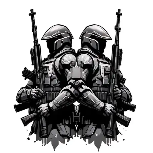 tattoo design featuring Noble 6 and chief from halo facing back to back with their rifles at attention tattoo design idea