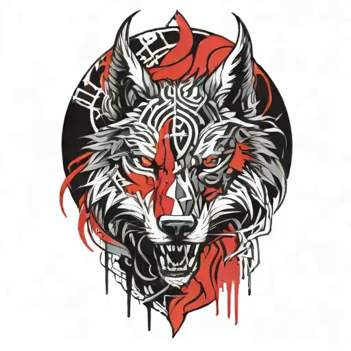 fenrir head, nordic runes, lines around it tattoo design idea