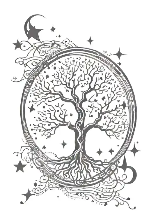 MOON, A SUN, SAGITTARIUS SYMBOL, A INFINITY HEART, A CROSS, TREE OF LIFE, DJ in music notes for back of w tattoo design idea