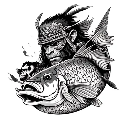 samurai with mask fish and monkey aesthetich style tattoo sleeve tattoo design idea