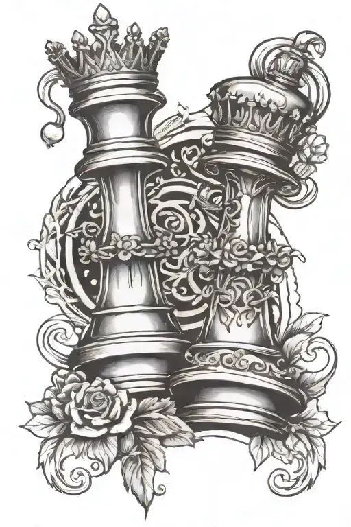 king and queen chess piece 5 blossoms tattoo design idea