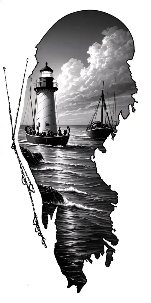 outer banks nc , boats, fishing, lighthouse guiding, fishing nets, outer banks map tattoo design idea