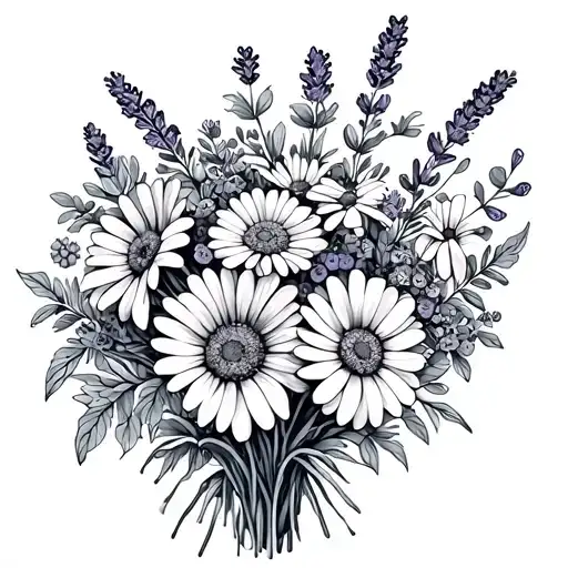 small black line art tattoo of a bouquet of flowers with lavender, marigolds, and daisies tattoo design idea