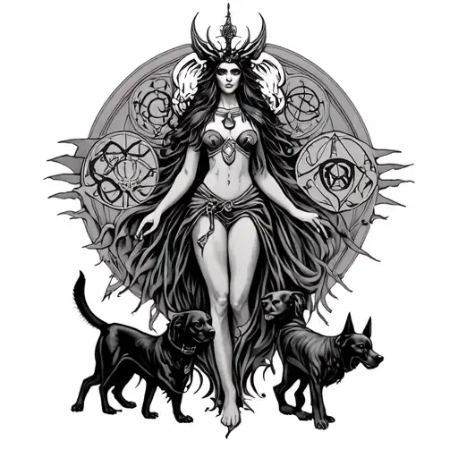 hecate goddess with her sigils and her dogs incorporated  tattoo design idea
