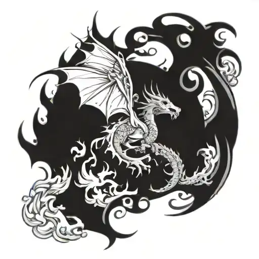 dragon flying and breathing fire flames tattoo design idea