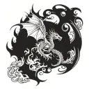 dragon flying and breathing fire flames tattoo design idea