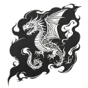 dragon flying and breathing fire flames tattoo design idea