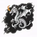 dragon flying and breathing fire flames tattoo design idea