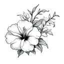 shoulder wrap with hibiscus and lilies with flowing stems fine line should be going from my shoulder down my arm tattoo design idea