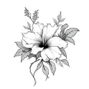 shoulder wrap with hibiscus and lilies with flowing stems fine line should be going from my shoulder down my arm tattoo design idea