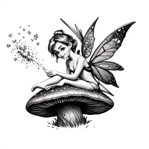 Tinkerbell sitting on a mushroom blowing pixie dust tattoo design idea