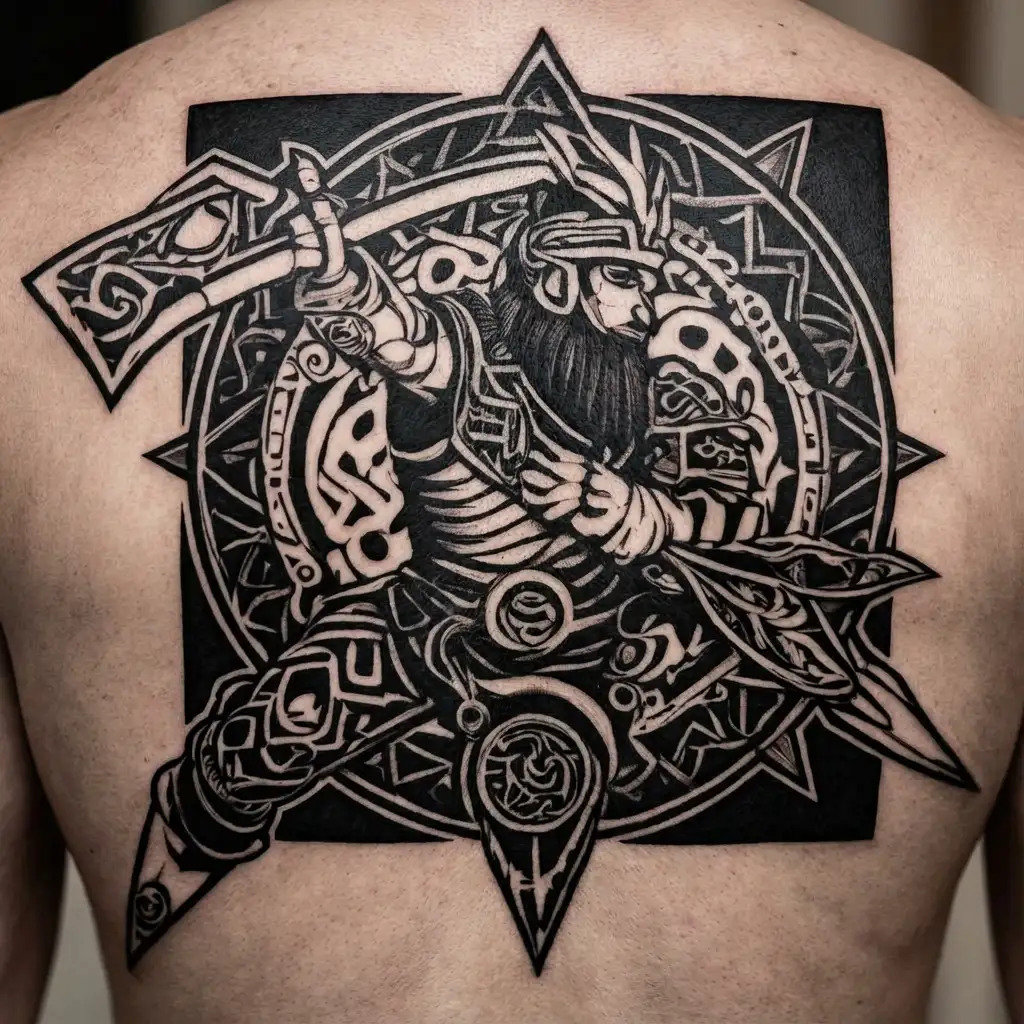 A fusion tattoo design combining elements from Naruto and Viking mythology, such as a Viking warrior with Naruto's signature headband, wielding a sword with chakra energy flowing around it tattoo design idea