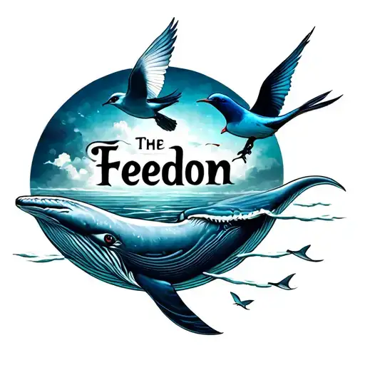 concept tattoo with blue whale, swallow bird, stingray, the word freedom tattoo design idea