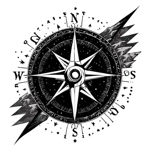 cosmic compass, Surround the design with elements like mountain silhouettes or desert landscapes. tattoo design idea