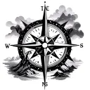 cosmic compass, Surround the design with elements like mountain silhouettes or desert landscapes. tattoo design idea