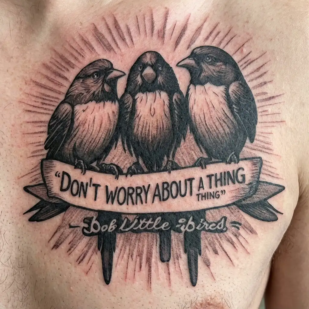 "Don't worry about a thing " "Don't worry about a thing " "Don't worry about a thing " 3 little birds bob marley tattoo design idea