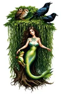 weeping willow tree with mermaid, frog, raven and owl tattoo design idea