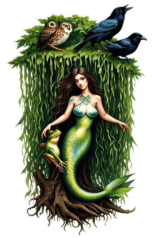 weeping willow tree with mermaid, frog, raven and owl tattoo design idea