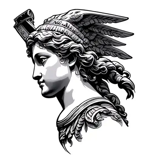 nike goddess of victory head profile black and gray tattoo design idea