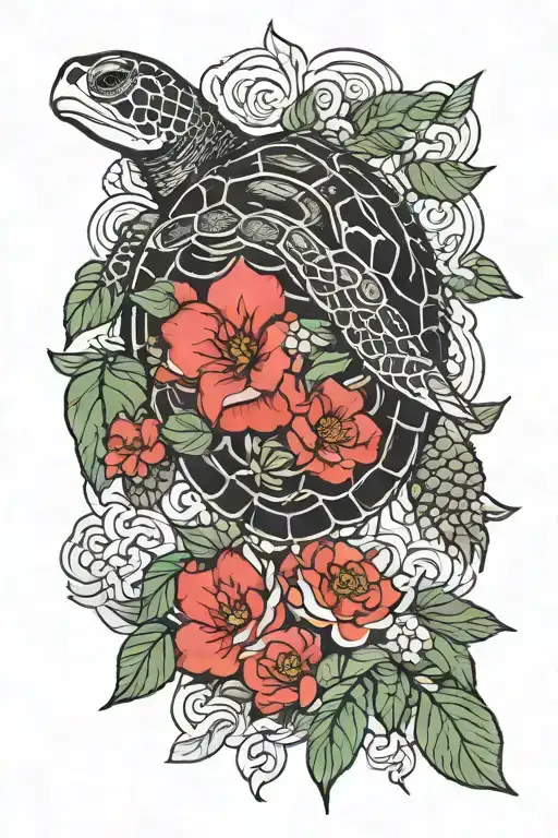 world turtle with camellia sinensis tea plant tattoo design idea