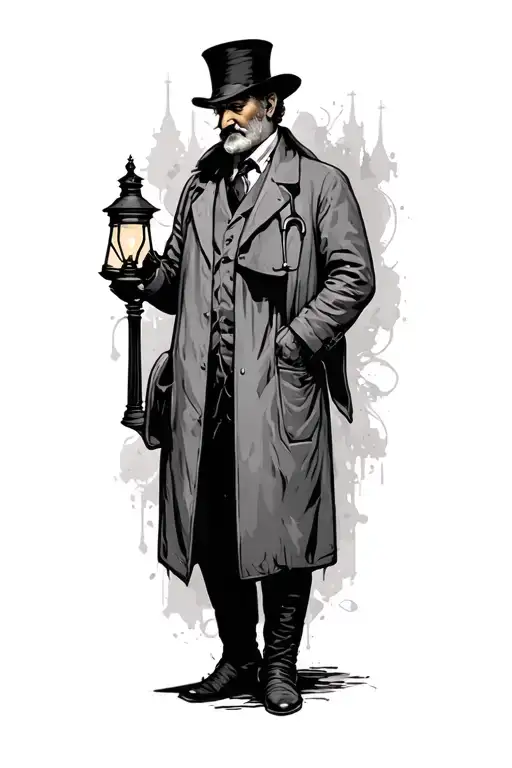 1800s street of london, plauge doctor holding lamp tattoo design idea