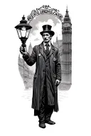 1800s street of london, plauge doctor holding lamp tattoo design idea