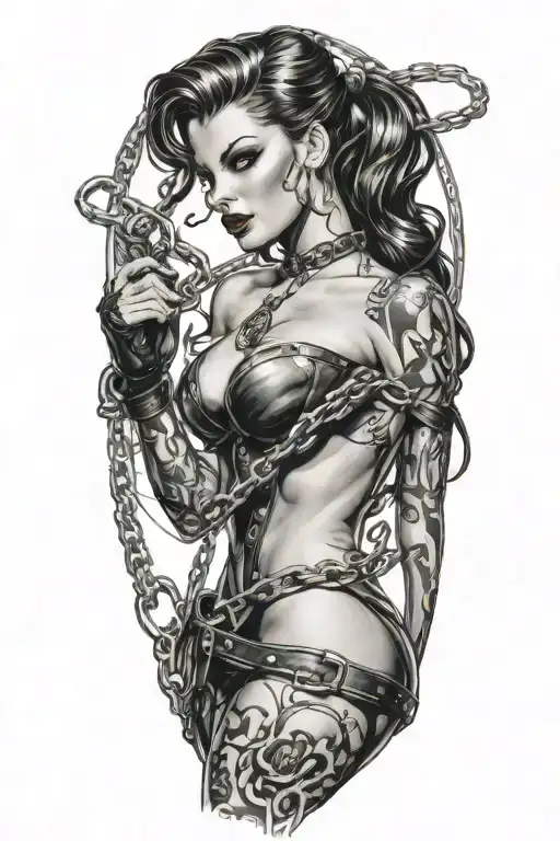 A seductive pin-up style dominatrix wielding a whip made of chains, with intricate details and shading to give a realistic look tattoo design idea