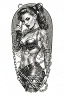 A seductive pin-up style dominatrix wielding a whip made of chains, with intricate details and shading to give a realistic look tattoo design idea