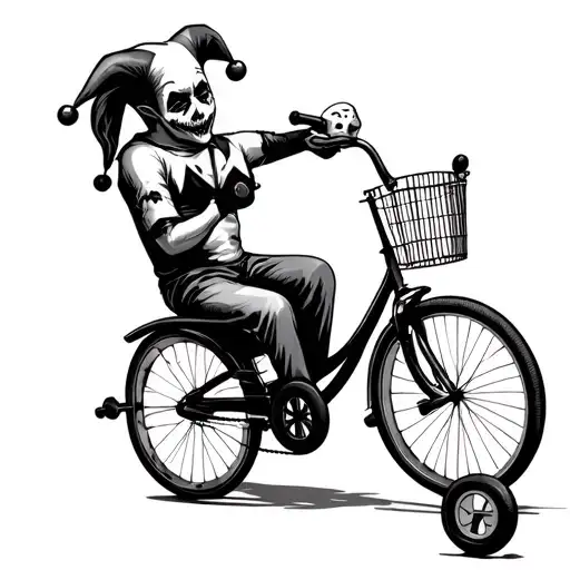 A headless jester sits on a three-wheeled children's bicycle, holding his head and a crying mask in his hands. tattoo design idea