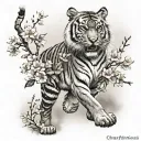 Tiger walking with cherry blossom tree  tattoo design idea