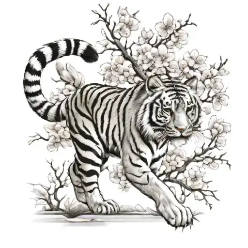 Tiger walking with cherry blossom tree  tattoo design idea