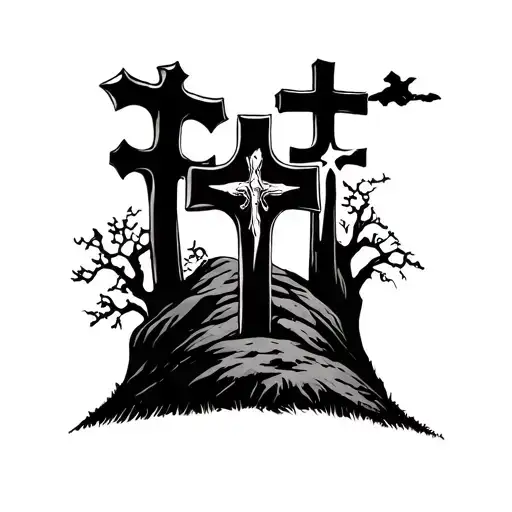 3 crosses on a hill that spell tetelestai tattoo design idea