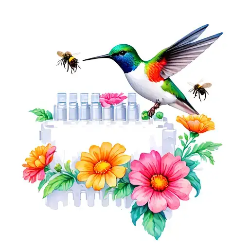 V8 engine block with flowers growing out of cylinders, hummingbird, a few bees tattoo design idea