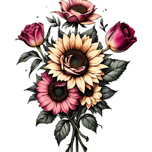 4 flowers ties in a ribbon with there being a rose, sunflower, tulip, magenta. around that 5 cursive Latin quotes tattoo design idea