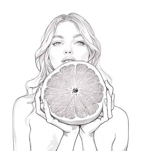 a woman holding a grapefruit tattoo design idea