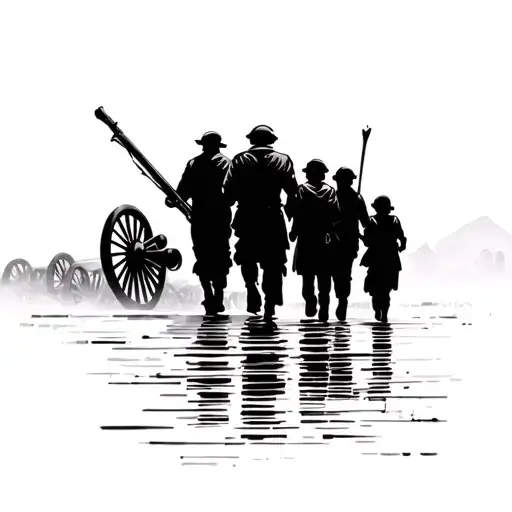 silhouette of family of four marching towards cannons tattoo design idea