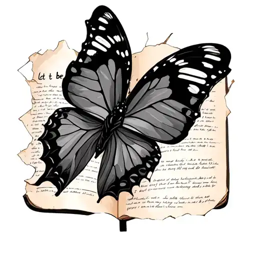 "Let it be" A butterfly flying out of a torn journal page, as if the words are being released. The page has “let it be” written on i tattoo design idea