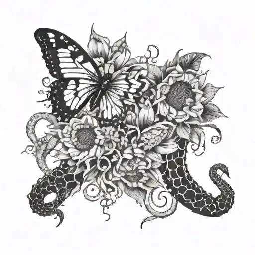 jellyfish turning snakes into flowers sunflowers with butterfly tattoo design idea