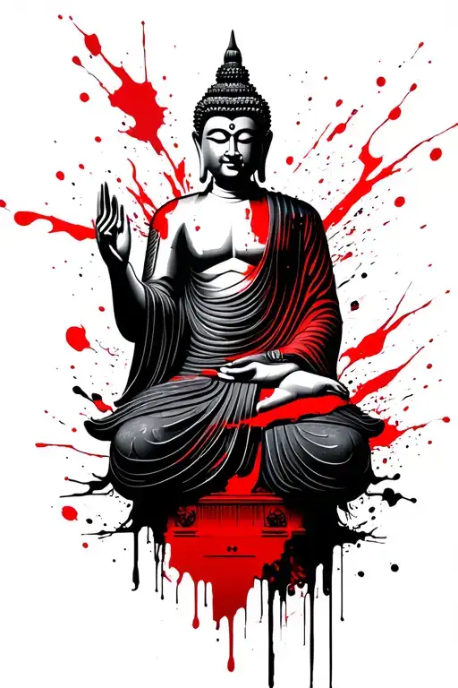 Mech Buddha in front of shinto shrine tattoo design idea