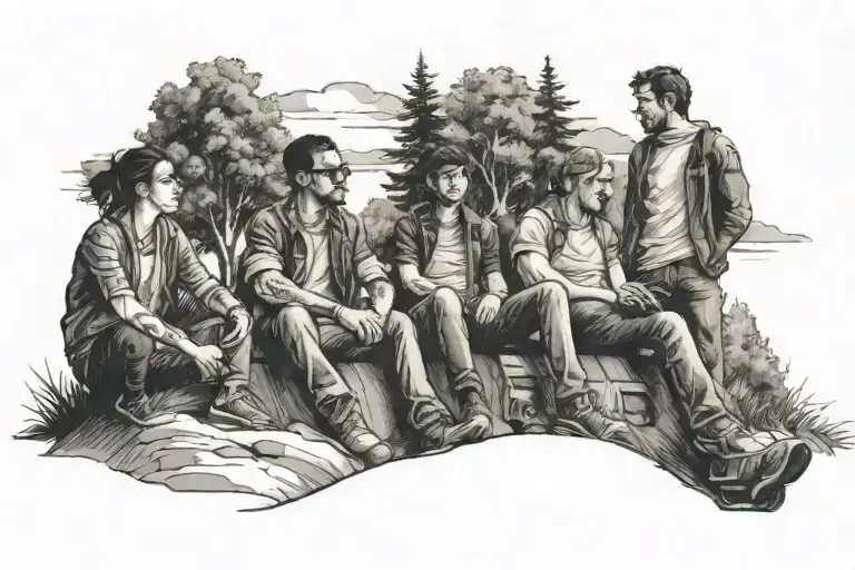 3 friends sitting on a hill with trees looking at a train tattoo design idea