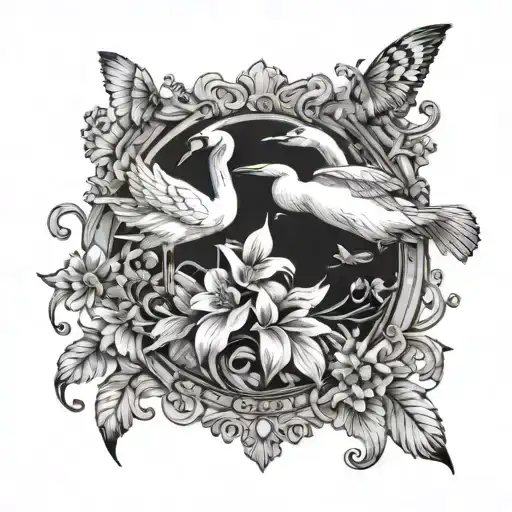 ONE SWAN TWO LITTLE BUTTERFLYS AND SOME FLOWERS AND THEY ARE ALL IN THE VINTAGE MIRROR  tattoo design idea