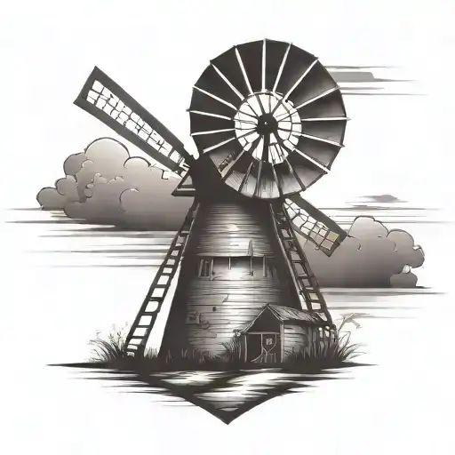 old windmill with sunset in front of an Indian arrowhead tattoo design idea