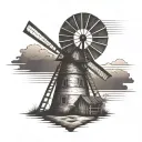 old windmill with sunset in front of an Indian arrowhead tattoo design idea