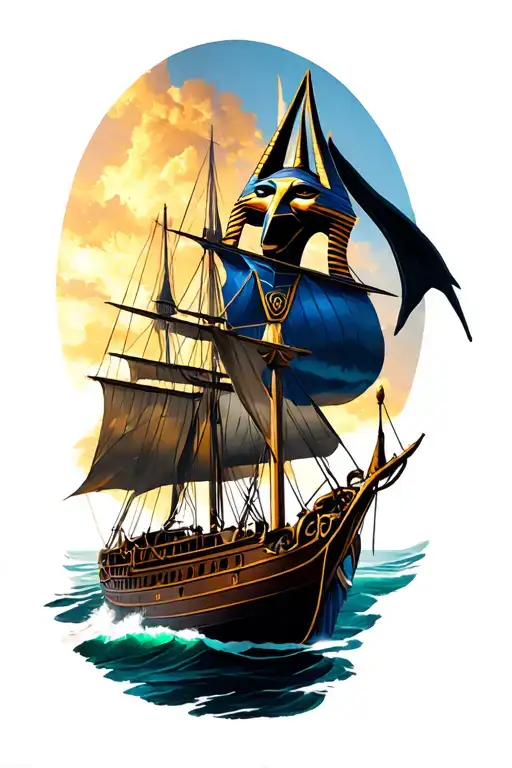 Anubis guiding lost ship tattoo design idea