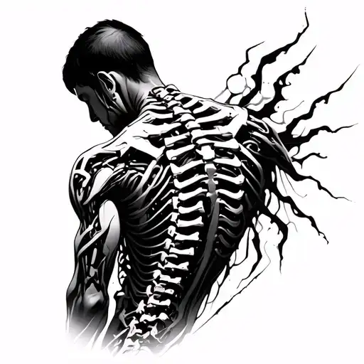 A cyberpunk tattoo depicting a cybernetic spine and back muscles that extend downwards rather than to the sides, all in  tattoo design idea