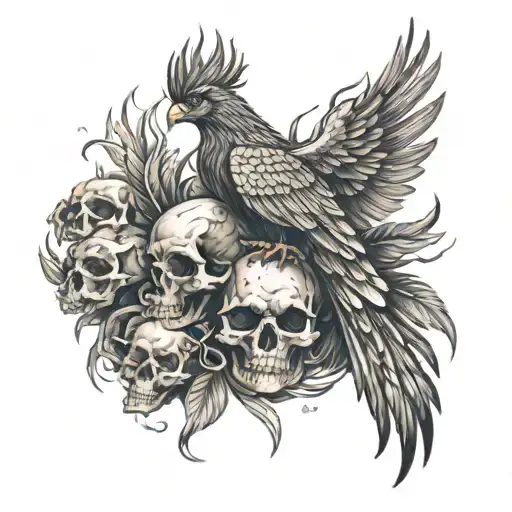 phoenix in a bed of skulls  tattoo design idea