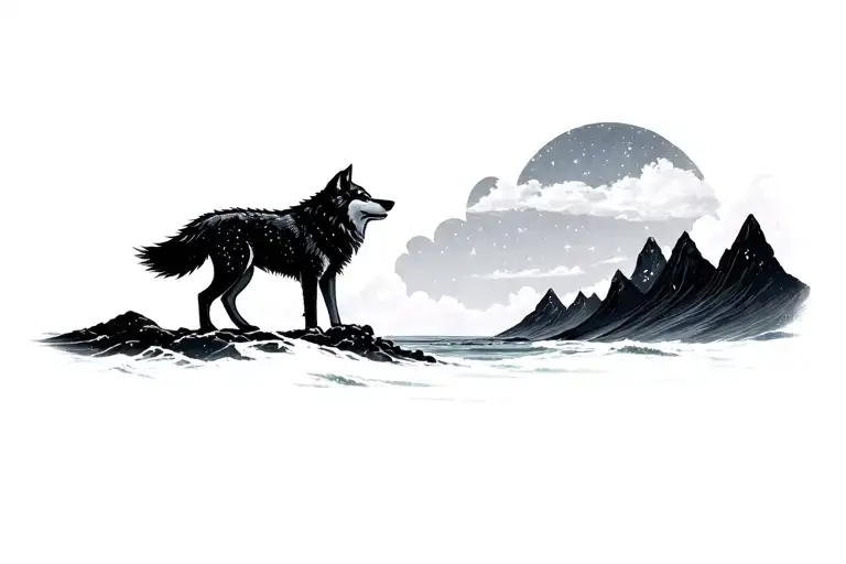 wolf with sky filled with stars and ocean mountain tattoo design idea